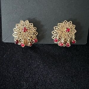 Gold and Red Starburst Earrings with Intricate Filigree